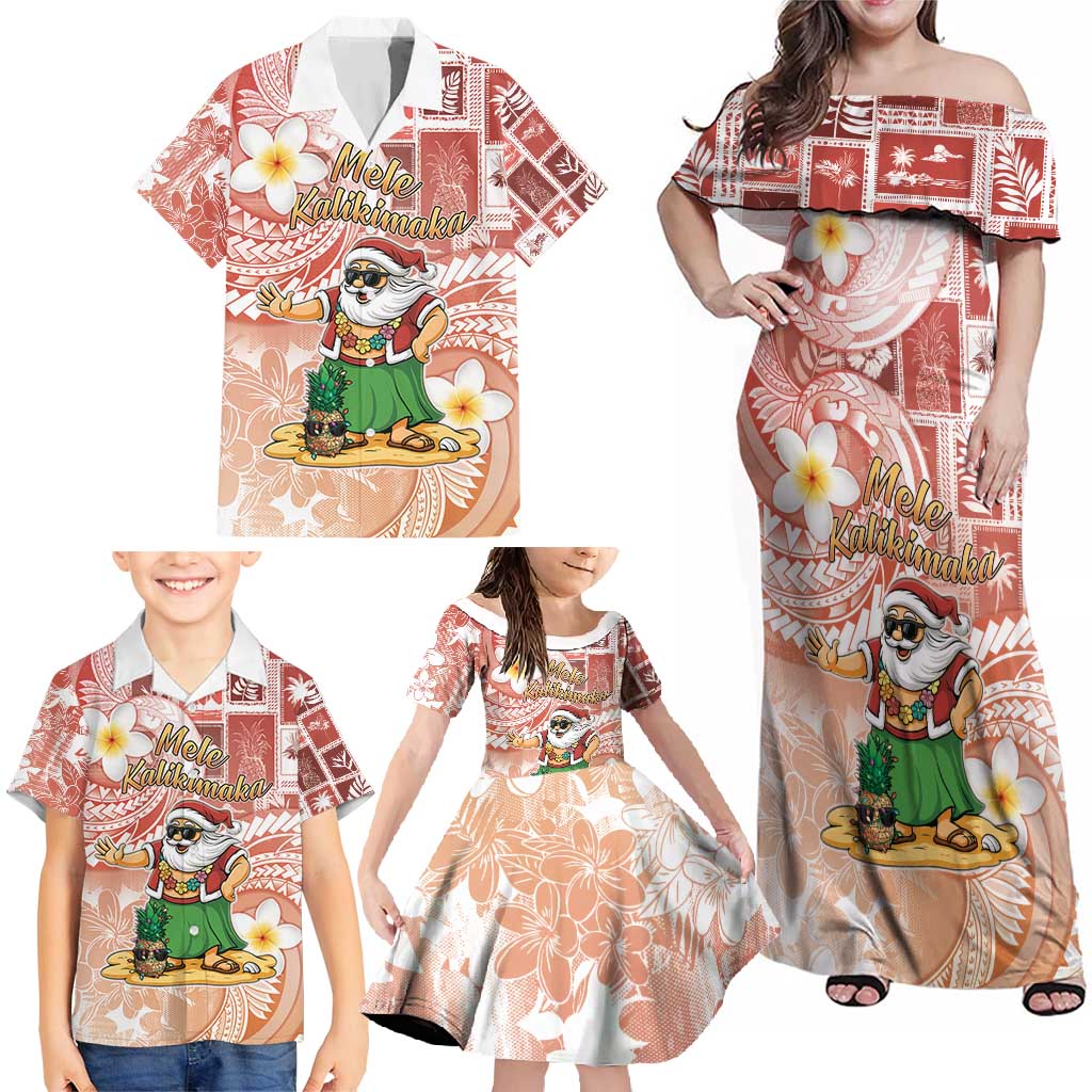 Hawaii Mele Kalikimaka Family Matching Off Shoulder Maxi Dress and Hawaiian Shirt Hula Santa Retro Style Red LT05 - Polynesian Pride