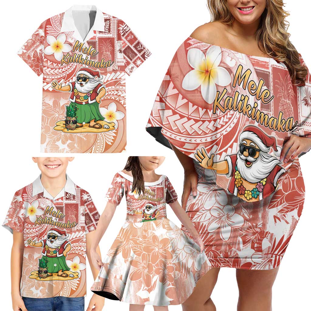 Hawaii Mele Kalikimaka Family Matching Off Shoulder Short Dress and Hawaiian Shirt Hula Santa Retro Style Red LT05 - Polynesian Pride
