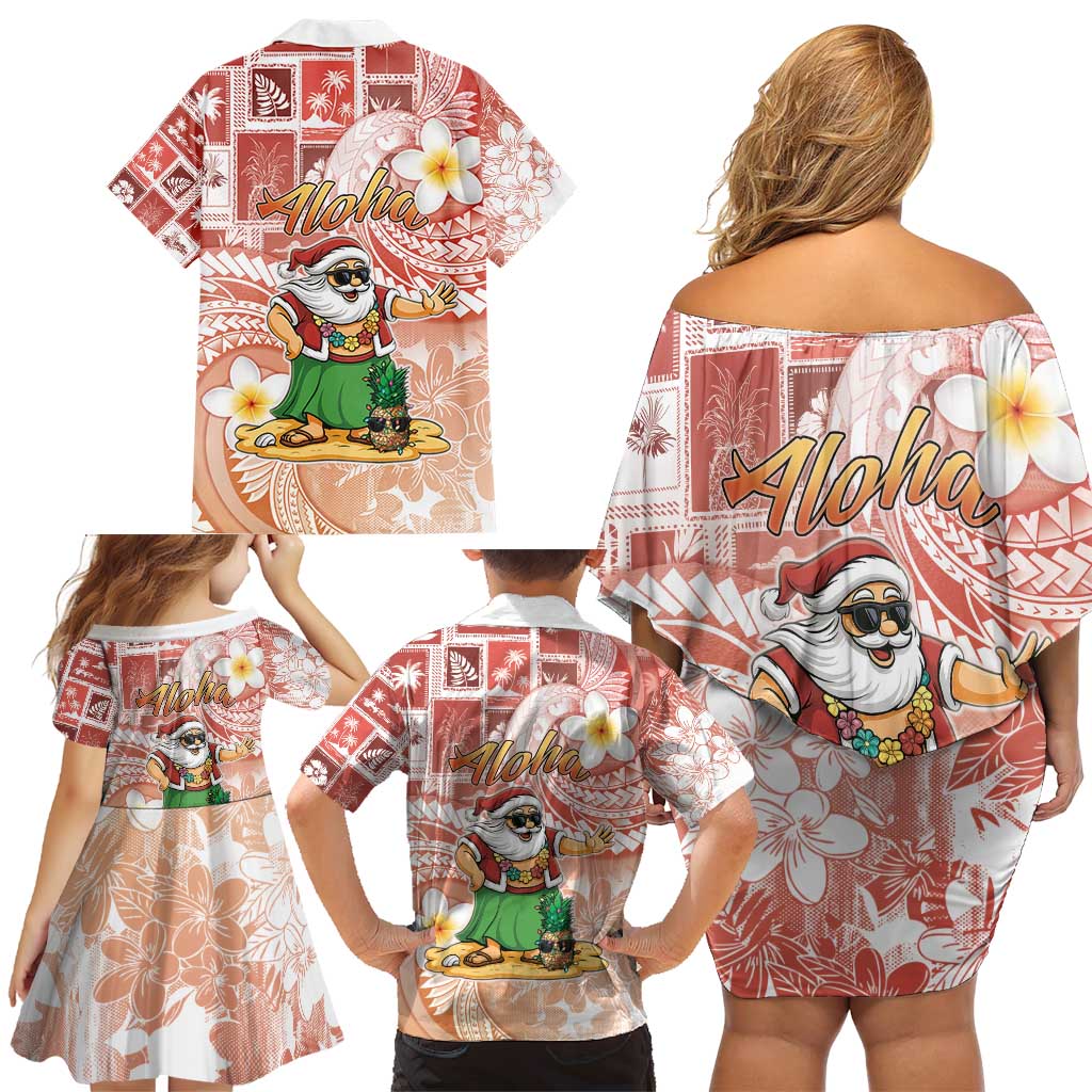 Hawaii Mele Kalikimaka Family Matching Off Shoulder Short Dress and Hawaiian Shirt Hula Santa Retro Style Red LT05 - Polynesian Pride