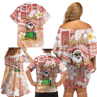 Hawaii Mele Kalikimaka Family Matching Off Shoulder Short Dress and Hawaiian Shirt Hula Santa Retro Style Red LT05 - Polynesian Pride