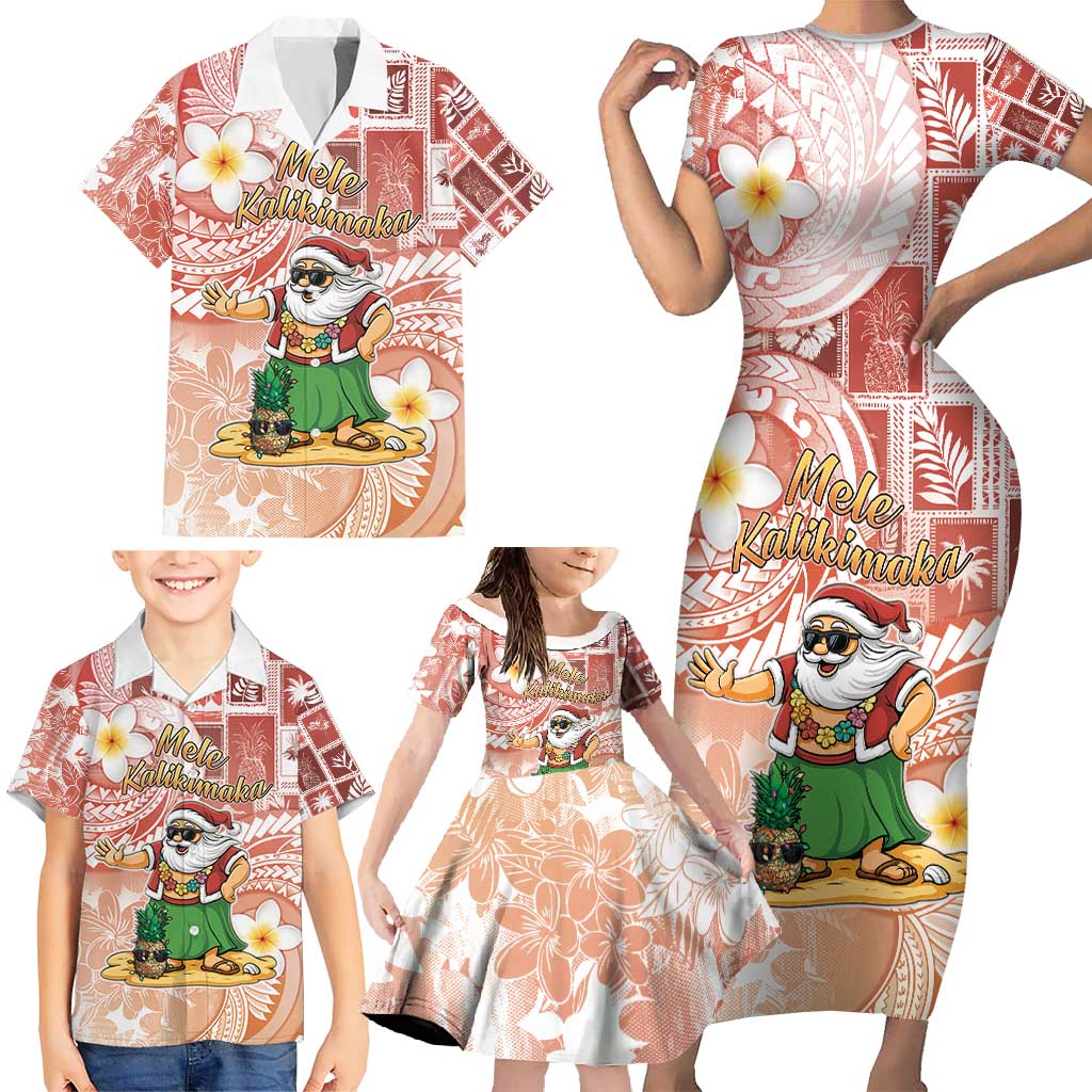 Hawaii Mele Kalikimaka Family Matching Short Sleeve Bodycon Dress and Hawaiian Shirt Hula Santa Retro Style Red - Polynesian Pride