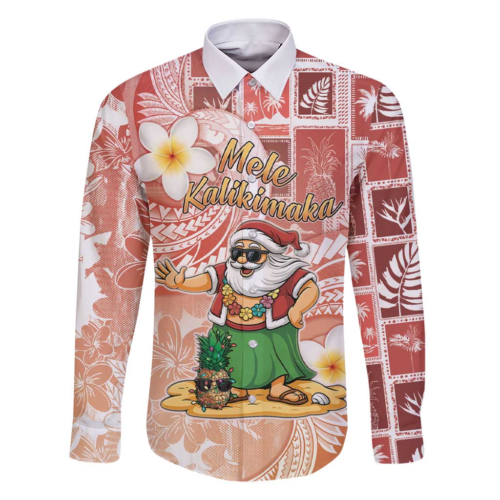 Hawaii Mele Kalikimaka Family Matching Short Sleeve Bodycon Dress and Hawaiian Shirt Hula Santa Retro Style Red LT05 Dad's Shirt - Long Sleeve Red - Polynesian Pride