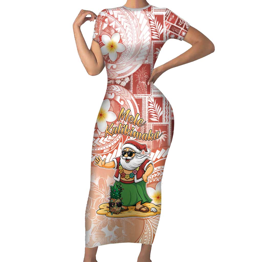 Hawaii Mele Kalikimaka Family Matching Short Sleeve Bodycon Dress and Hawaiian Shirt Hula Santa Retro Style Red LT05 Mom's Dress Red - Polynesian Pride