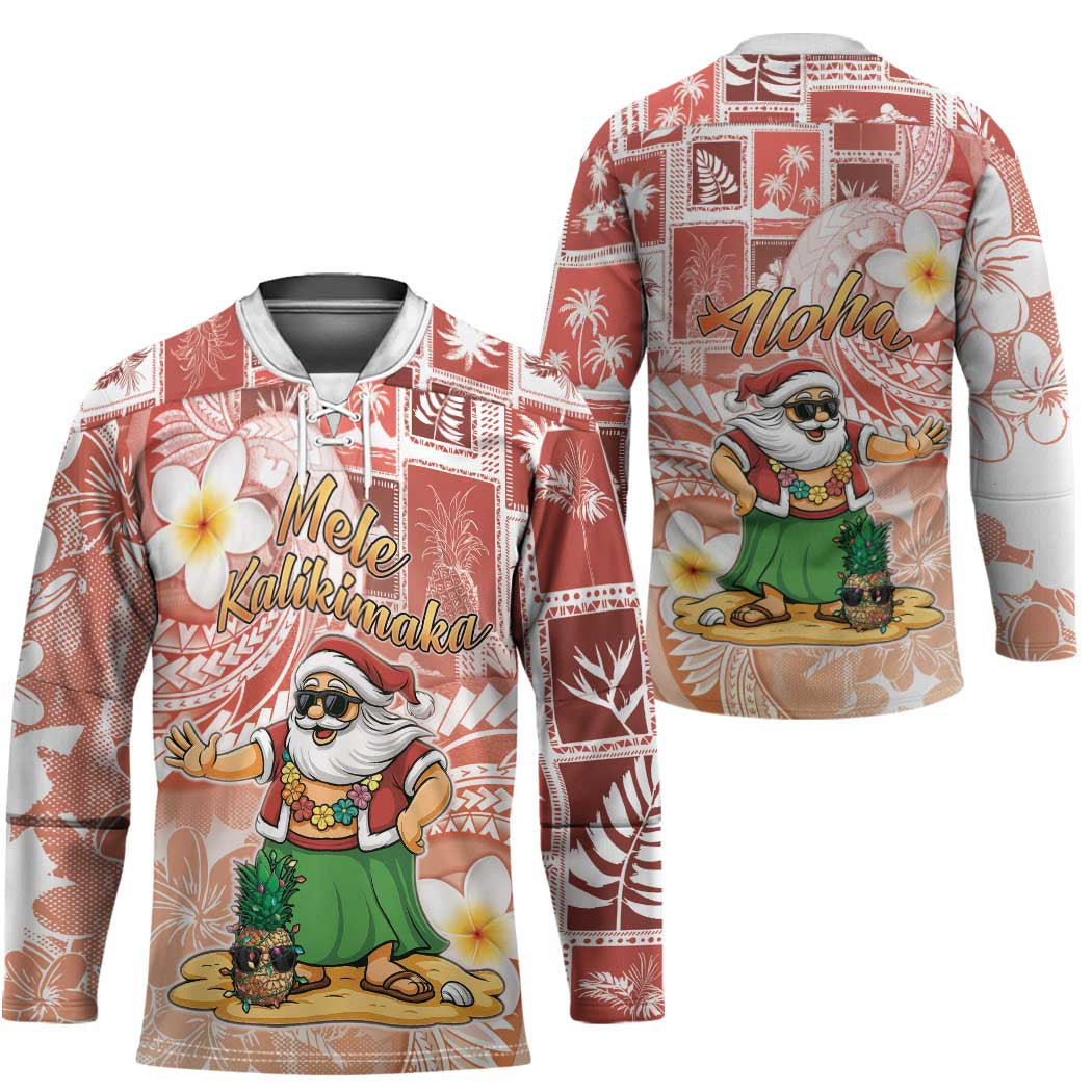 Hawaii Mele Kalikimaka Hockey Jersey Hula Santa Retro Style Red - Polynesian Pride