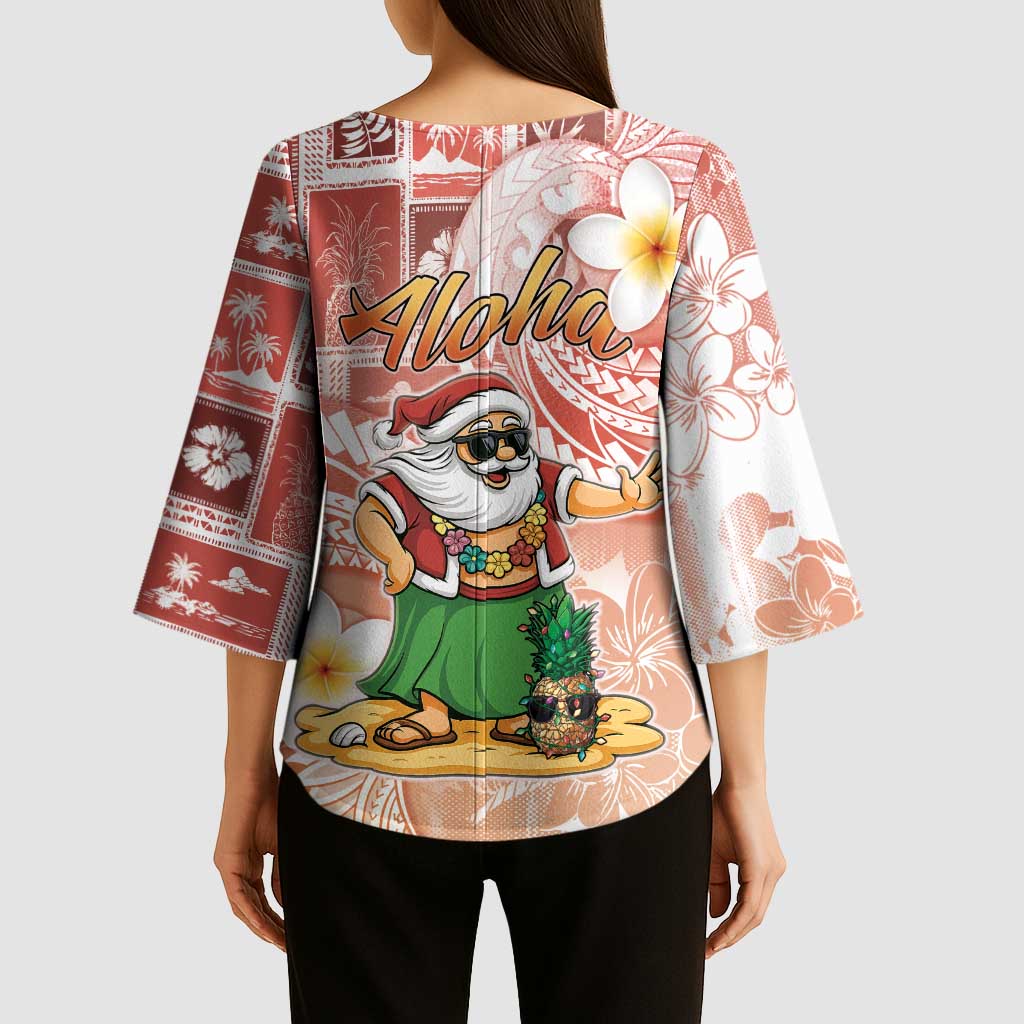 Hawaii Mele Kalikimaka Kimono Sleeve Blouse Hula Santa Retro Style Red - Polynesian Pride