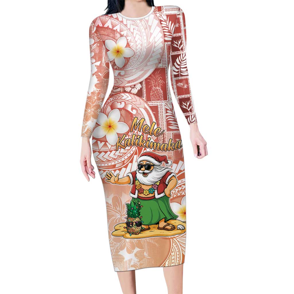 Hawaii Mele Kalikimaka Long Sleeve Bodycon Dress Hula Santa Retro Style Red - Polynesian Pride