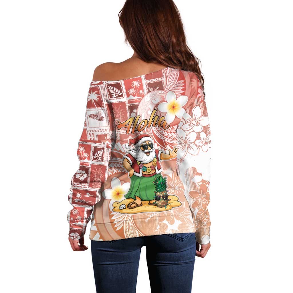 Hawaii Mele Kalikimaka Off Shoulder Sweater Hula Santa Retro Style Red - Polynesian Pride