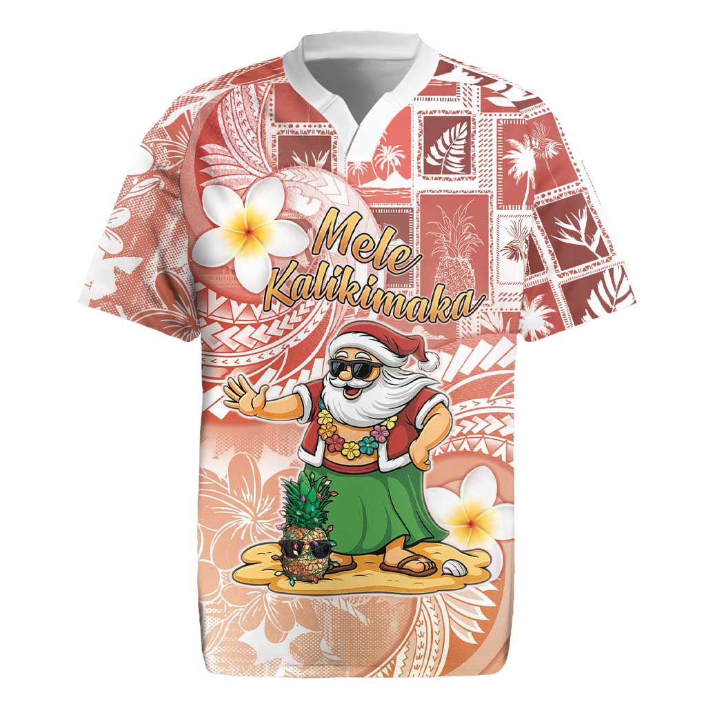 Hawaii Mele Kalikimaka Rugby Jersey Hula Santa Retro Style Red - Polynesian Pride