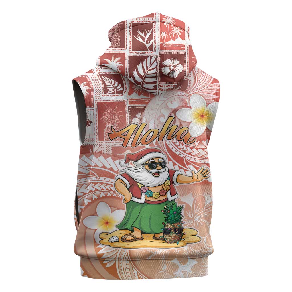 Hawaii Mele Kalikimaka Sleeveless Hoodie Hula Santa Retro Style Red - Polynesian Pride