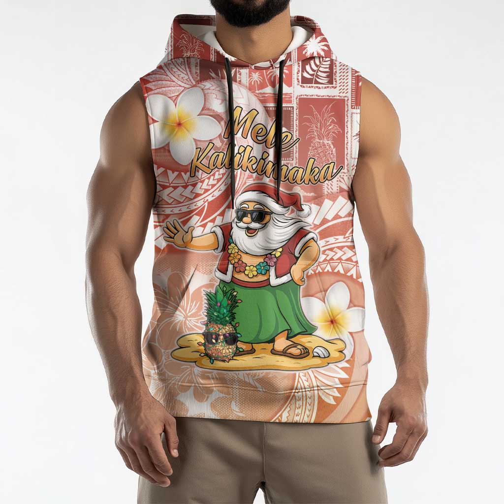 Hawaii Mele Kalikimaka Sleeveless Hoodie Hula Santa Retro Style Red - Polynesian Pride