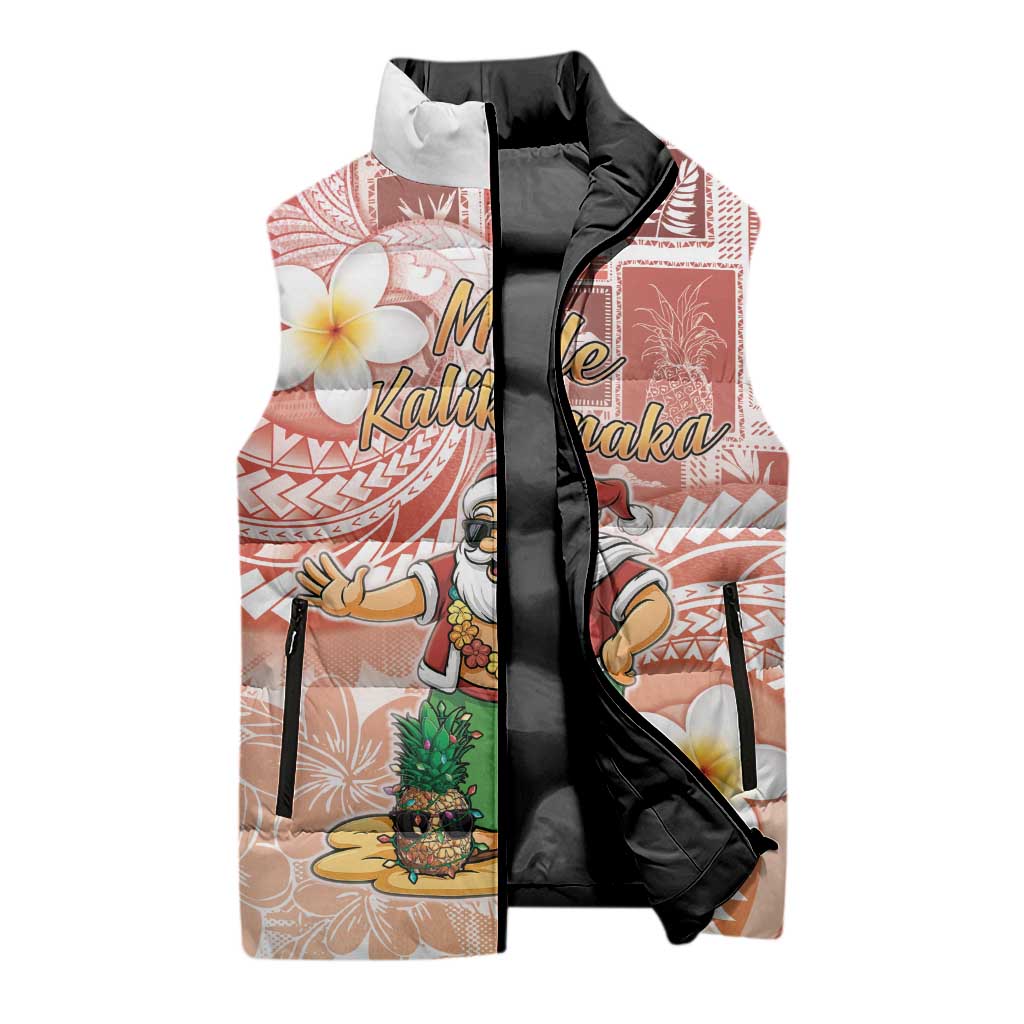 Hawaii Mele Kalikimaka Sleeveless Puffer Jacket Hula Santa Retro Style Red - Polynesian Pride
