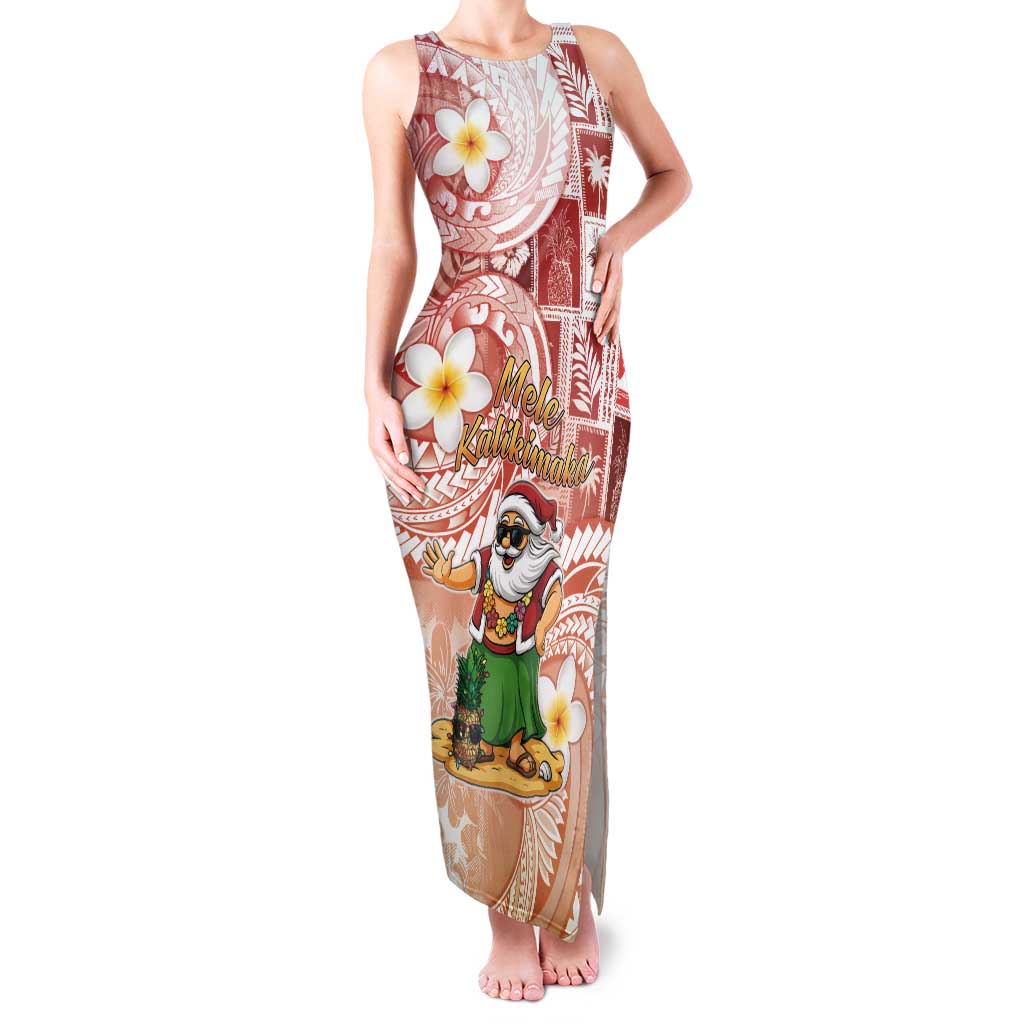 Hawaii Mele Kalikimaka Tank Maxi Dress Hula Santa Retro Style Red - Polynesian Pride