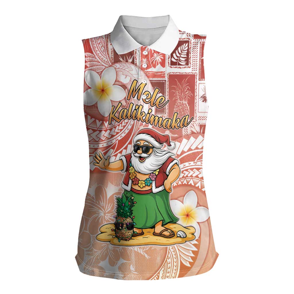 Hawaii Mele Kalikimaka Women Sleeveless Polo Shirt Hula Santa Retro Style Red - Polynesian Pride