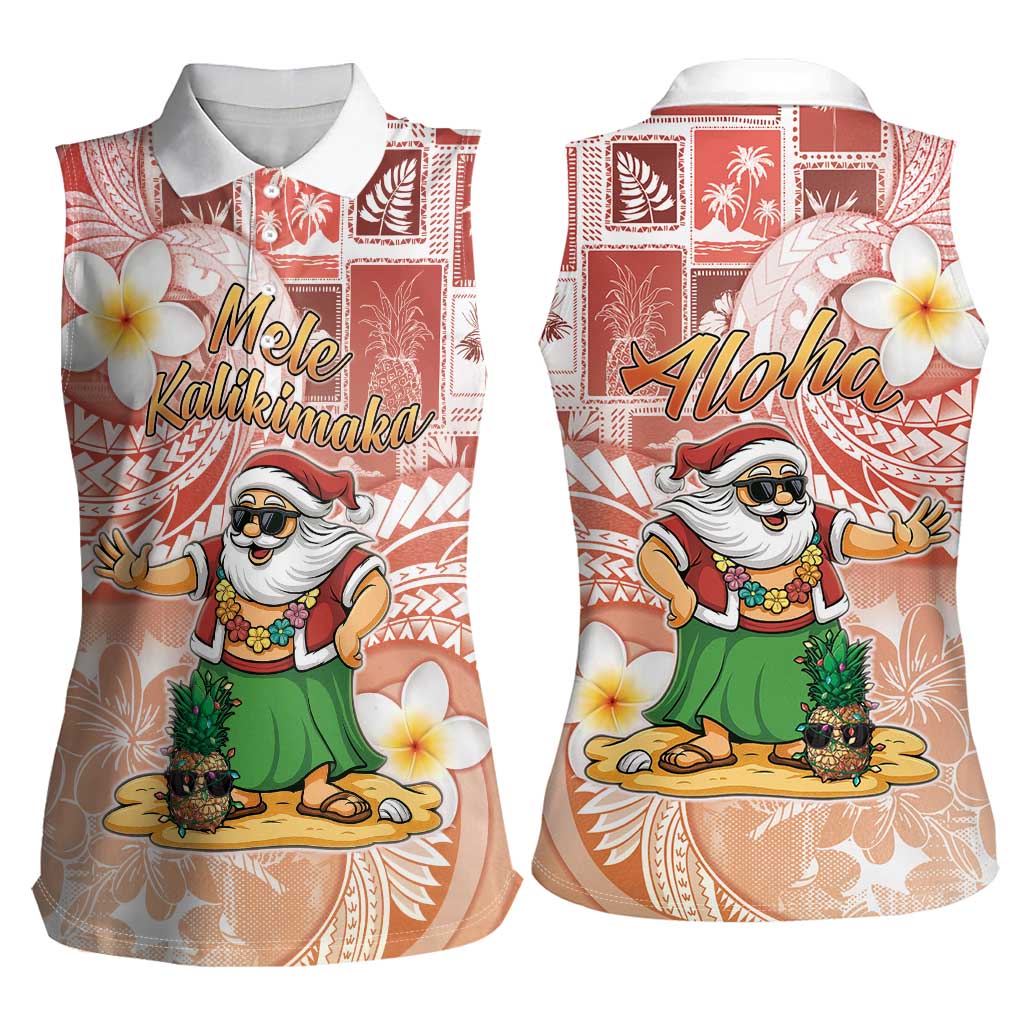 Hawaii Mele Kalikimaka Women Sleeveless Polo Shirt Hula Santa Retro Style Red - Polynesian Pride