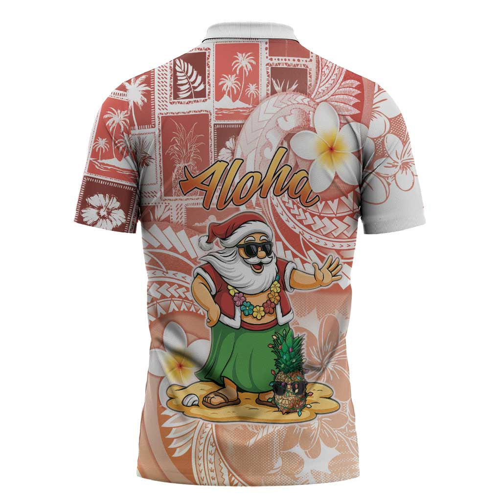 Hawaii Mele Kalikimaka Zipper Polo Shirt Hula Santa Retro Style Red - Polynesian Pride