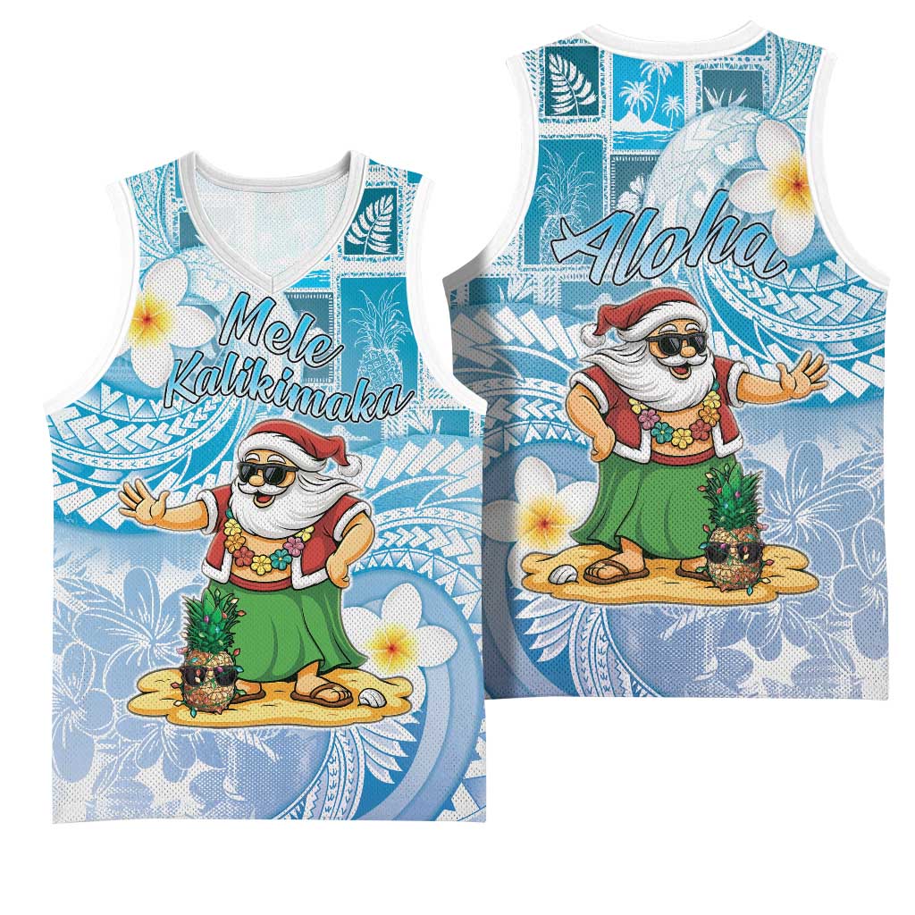 Hawaii Mele Kalikimaka Basketball Jersey Hula Santa Retro Style Blue LT05 - Polynesian Pride