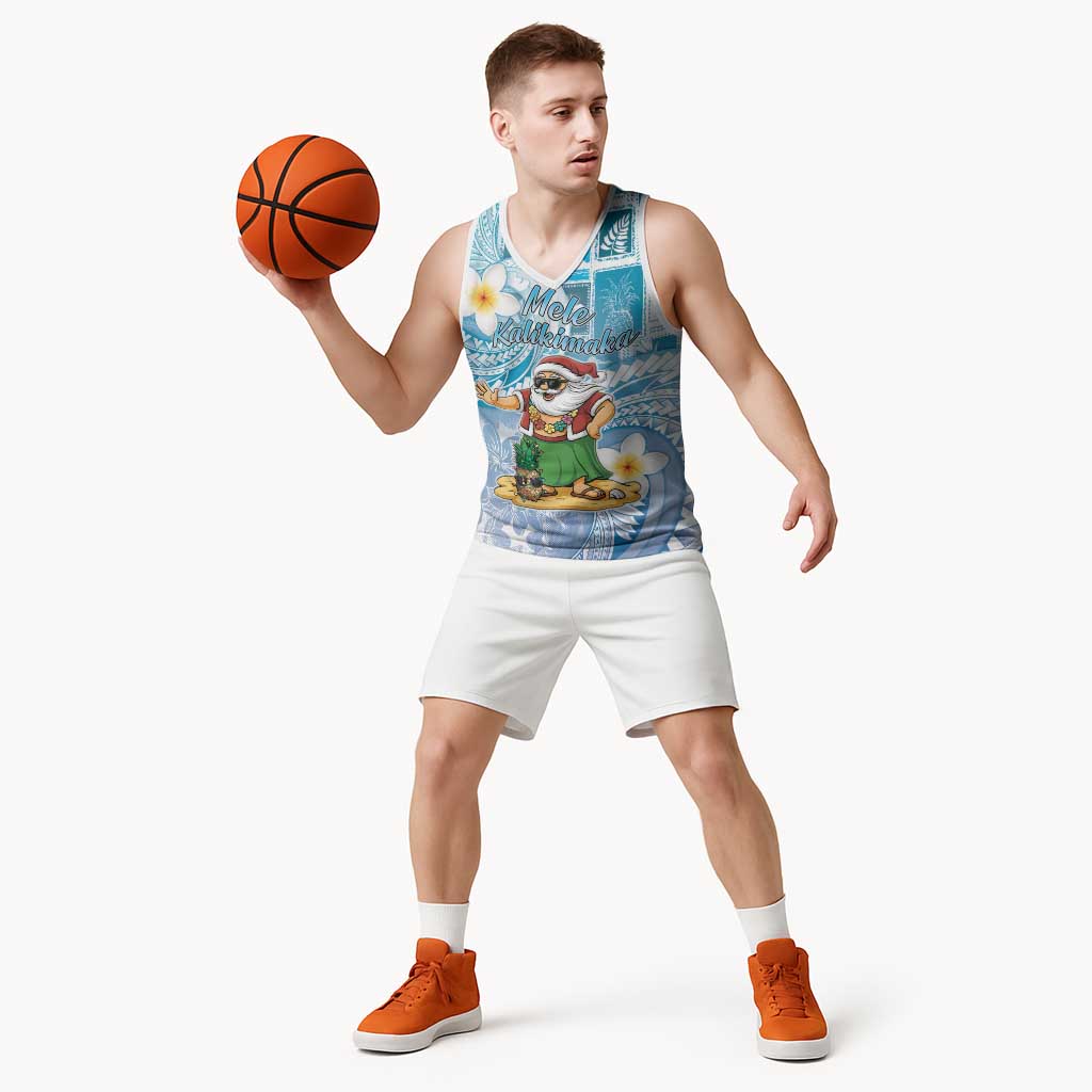 Hawaii Mele Kalikimaka Basketball Jersey Hula Santa Retro Style Blue LT05 - Polynesian Pride