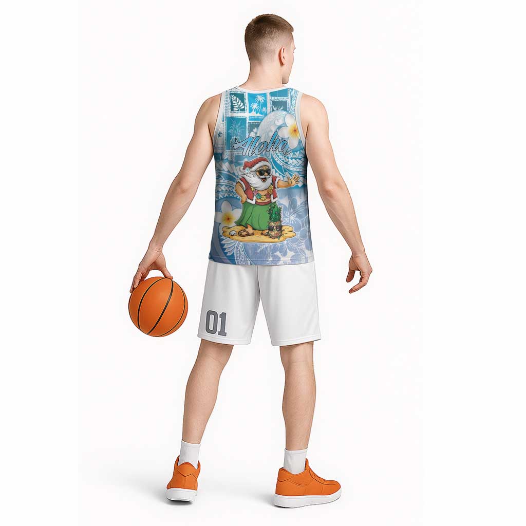 Hawaii Mele Kalikimaka Basketball Jersey Hula Santa Retro Style Blue LT05 - Polynesian Pride