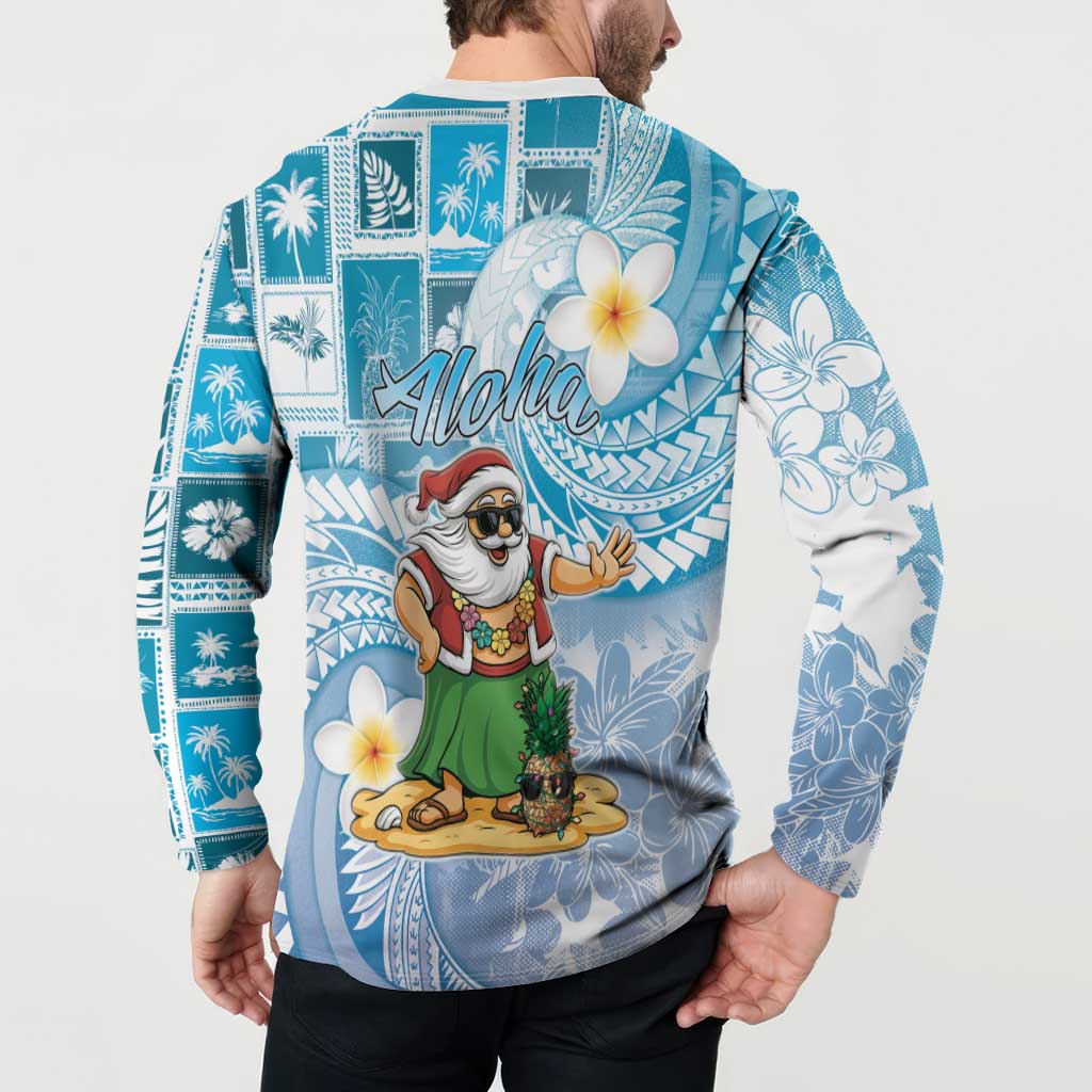 Hawaii Mele Kalikimaka Button Sweatshirt Hula Santa Retro Style Blue - Polynesian Pride