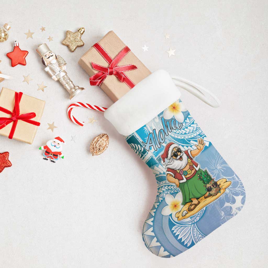 Hawaii Mele Kalikimaka Christmas Stocking Hula Santa Retro Style Blue - Polynesian Pride
