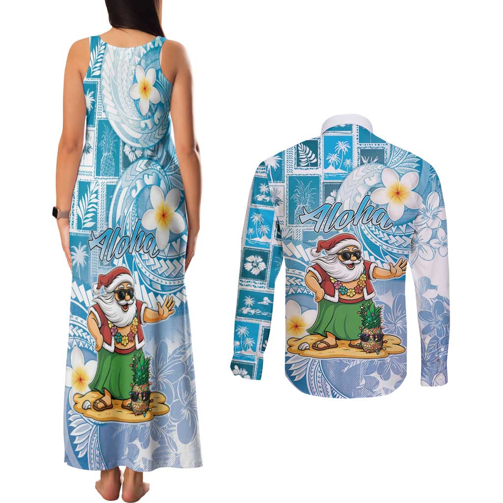 Hawaii Mele Kalikimaka Couples Matching Tank Maxi Dress and Long Sleeve Button Shirt Hula Santa Retro Style Blue - Polynesian Pride