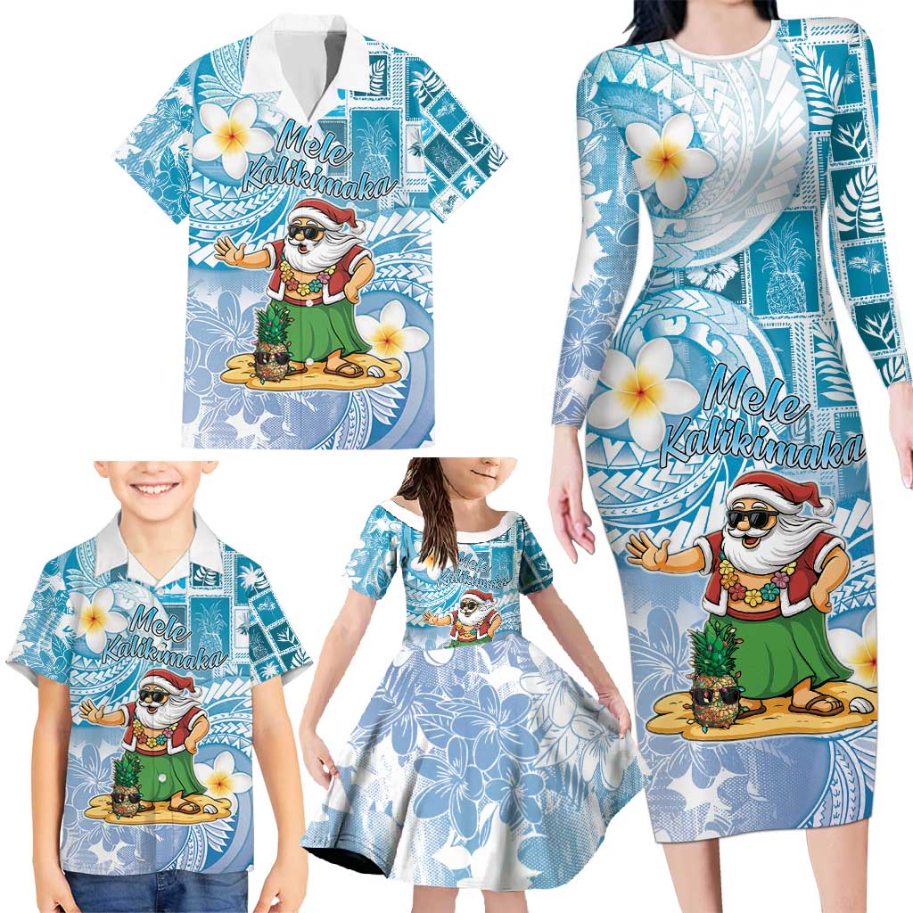 Hawaii Mele Kalikimaka Family Matching Long Sleeve Bodycon Dress and Hawaiian Shirt Hula Santa Retro Style Blue LT05 - Polynesian Pride