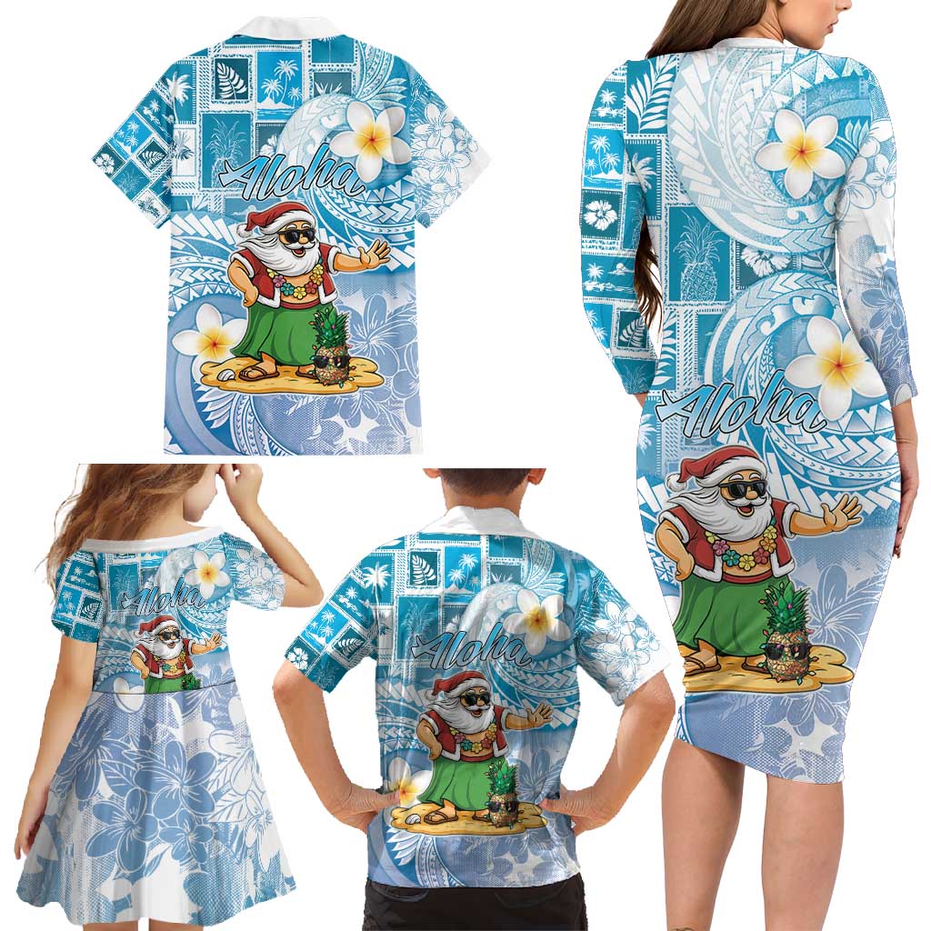 Hawaii Mele Kalikimaka Family Matching Long Sleeve Bodycon Dress and Hawaiian Shirt Hula Santa Retro Style Blue LT05 - Polynesian Pride