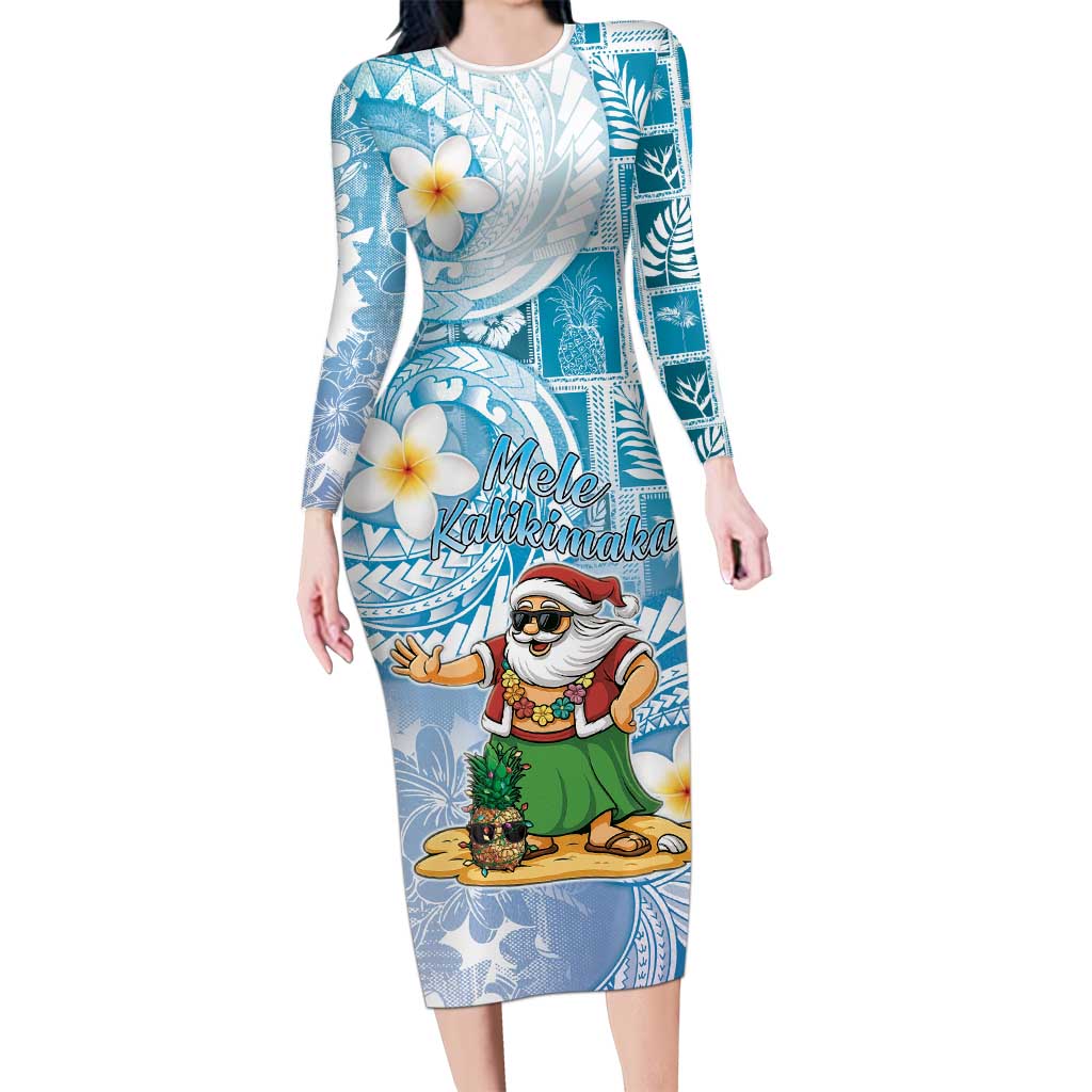 Hawaii Mele Kalikimaka Family Matching Long Sleeve Bodycon Dress and Hawaiian Shirt Hula Santa Retro Style Blue LT05 Mom's Dress Blue - Polynesian Pride