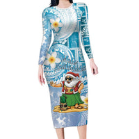 Hawaii Mele Kalikimaka Family Matching Long Sleeve Bodycon Dress and Hawaiian Shirt Hula Santa Retro Style Blue LT05 Mom's Dress Blue - Polynesian Pride