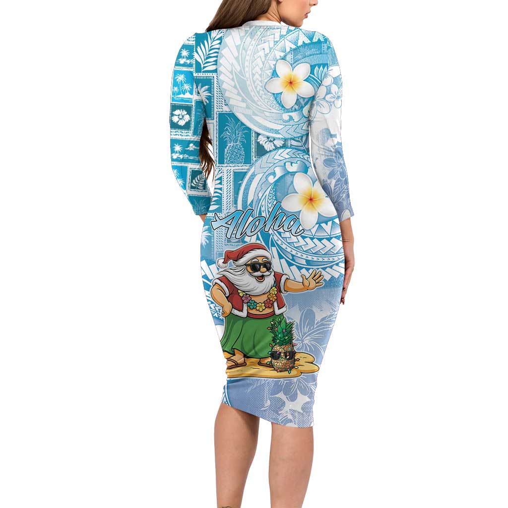 Hawaii Mele Kalikimaka Family Matching Long Sleeve Bodycon Dress and Hawaiian Shirt Hula Santa Retro Style Blue LT05 - Polynesian Pride