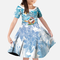 Hawaii Mele Kalikimaka Family Matching Off The Shoulder Long Sleeve Dress and Hawaiian Shirt Hula Santa Retro Style Blue LT05 Daughter's Dress Blue - Polynesian Pride