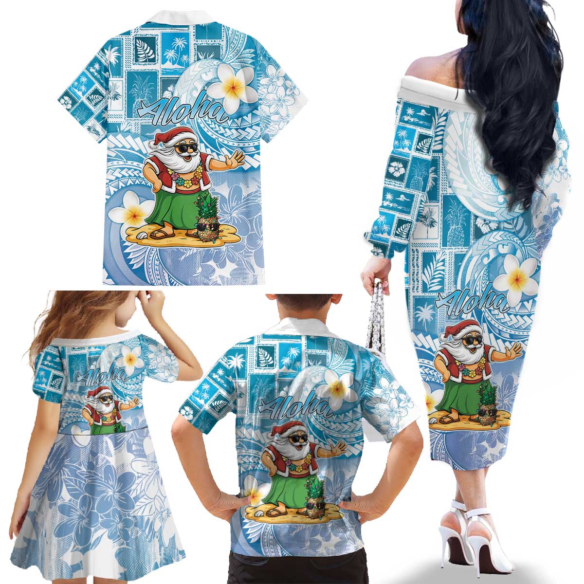 Hawaii Mele Kalikimaka Family Matching Off The Shoulder Long Sleeve Dress and Hawaiian Shirt Hula Santa Retro Style Blue LT05 - Polynesian Pride