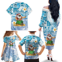 Hawaii Mele Kalikimaka Family Matching Off The Shoulder Long Sleeve Dress and Hawaiian Shirt Hula Santa Retro Style Blue LT05 - Polynesian Pride