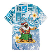 Hawaii Mele Kalikimaka Family Matching Off The Shoulder Long Sleeve Dress and Hawaiian Shirt Hula Santa Retro Style Blue LT05 - Polynesian Pride