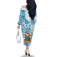 Hawaii Mele Kalikimaka Family Matching Off The Shoulder Long Sleeve Dress and Hawaiian Shirt Hula Santa Retro Style Blue LT05 - Polynesian Pride