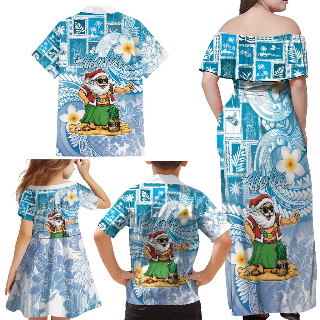 Hawaii Mele Kalikimaka Family Matching Off Shoulder Maxi Dress and Hawaiian Shirt Hula Santa Retro Style Blue LT05 - Polynesian Pride