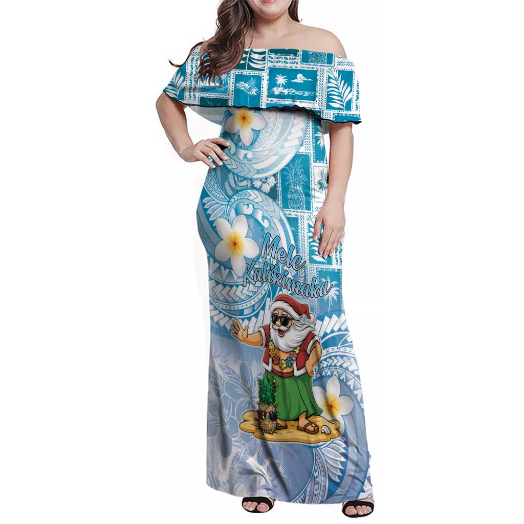 Hawaii Mele Kalikimaka Family Matching Off Shoulder Maxi Dress and Hawaiian Shirt Hula Santa Retro Style Blue LT05 Mom's Dress Blue - Polynesian Pride