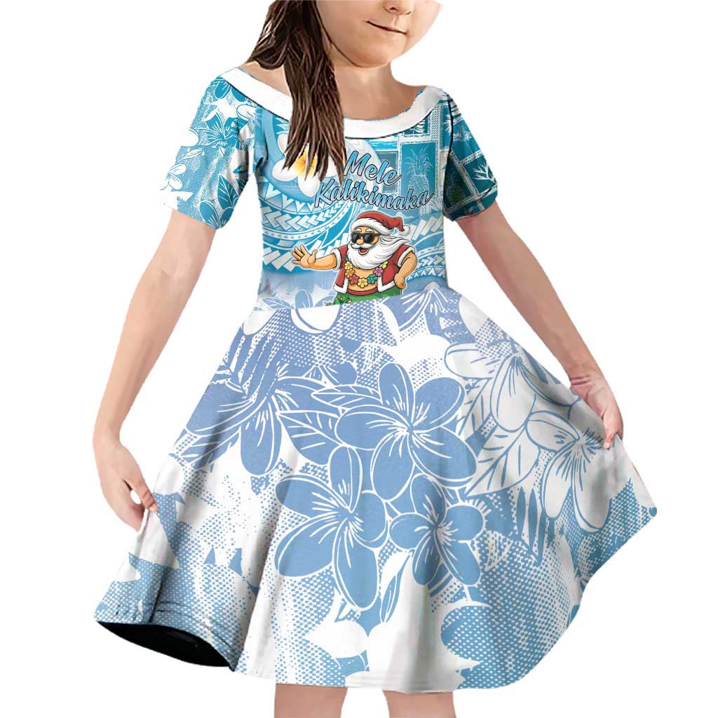 Hawaii Mele Kalikimaka Family Matching Off Shoulder Short Dress and Hawaiian Shirt Hula Santa Retro Style Blue LT05 Daughter's Dress Blue - Polynesian Pride