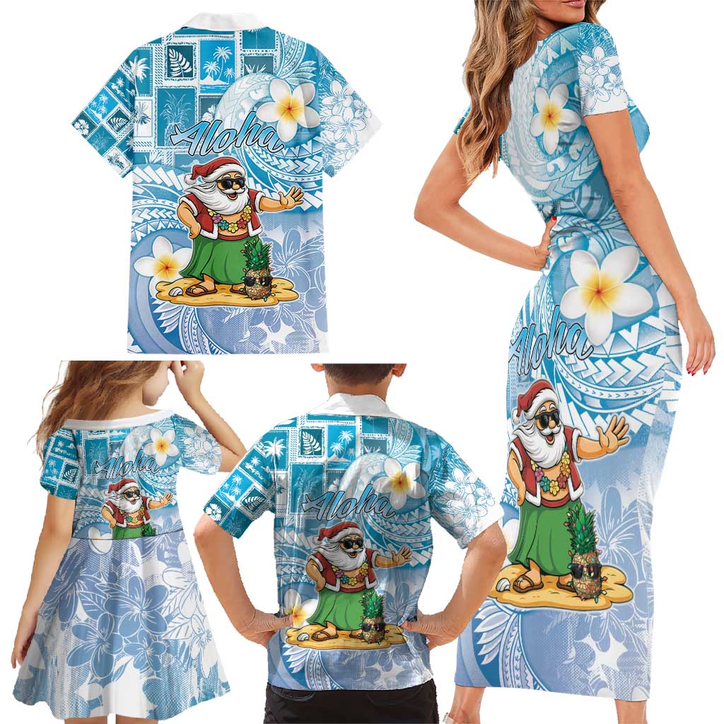 Hawaii Mele Kalikimaka Family Matching Short Sleeve Bodycon Dress and Hawaiian Shirt Hula Santa Retro Style Blue LT05 - Polynesian Pride