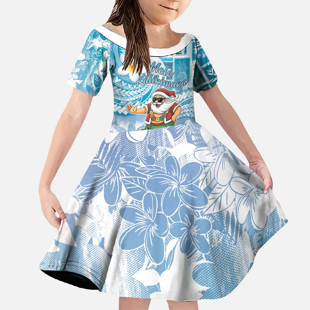 Hawaii Mele Kalikimaka Family Matching Summer Maxi Dress and Hawaiian Shirt Hula Santa Retro Style Blue LT05 Daughter's Dress Blue - Polynesian Pride