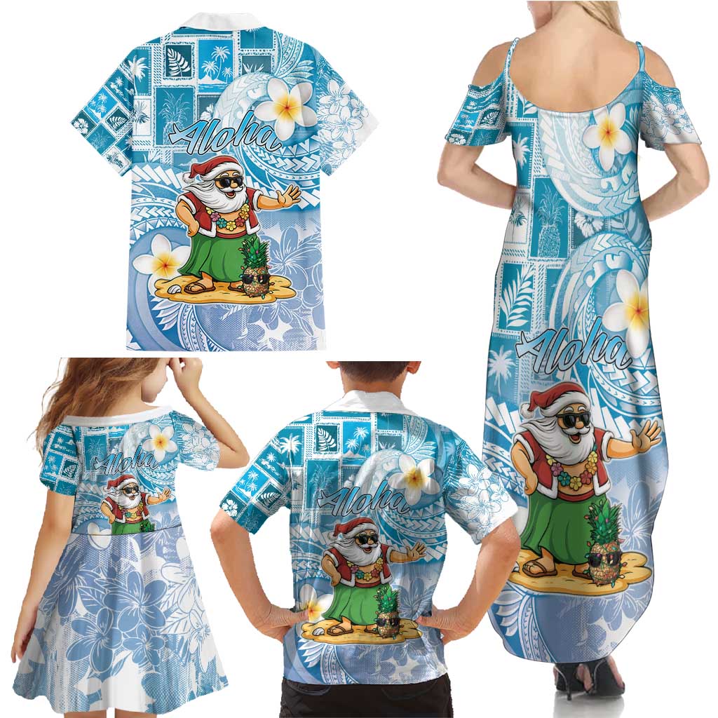 Hawaii Mele Kalikimaka Family Matching Summer Maxi Dress and Hawaiian Shirt Hula Santa Retro Style Blue LT05 - Polynesian Pride