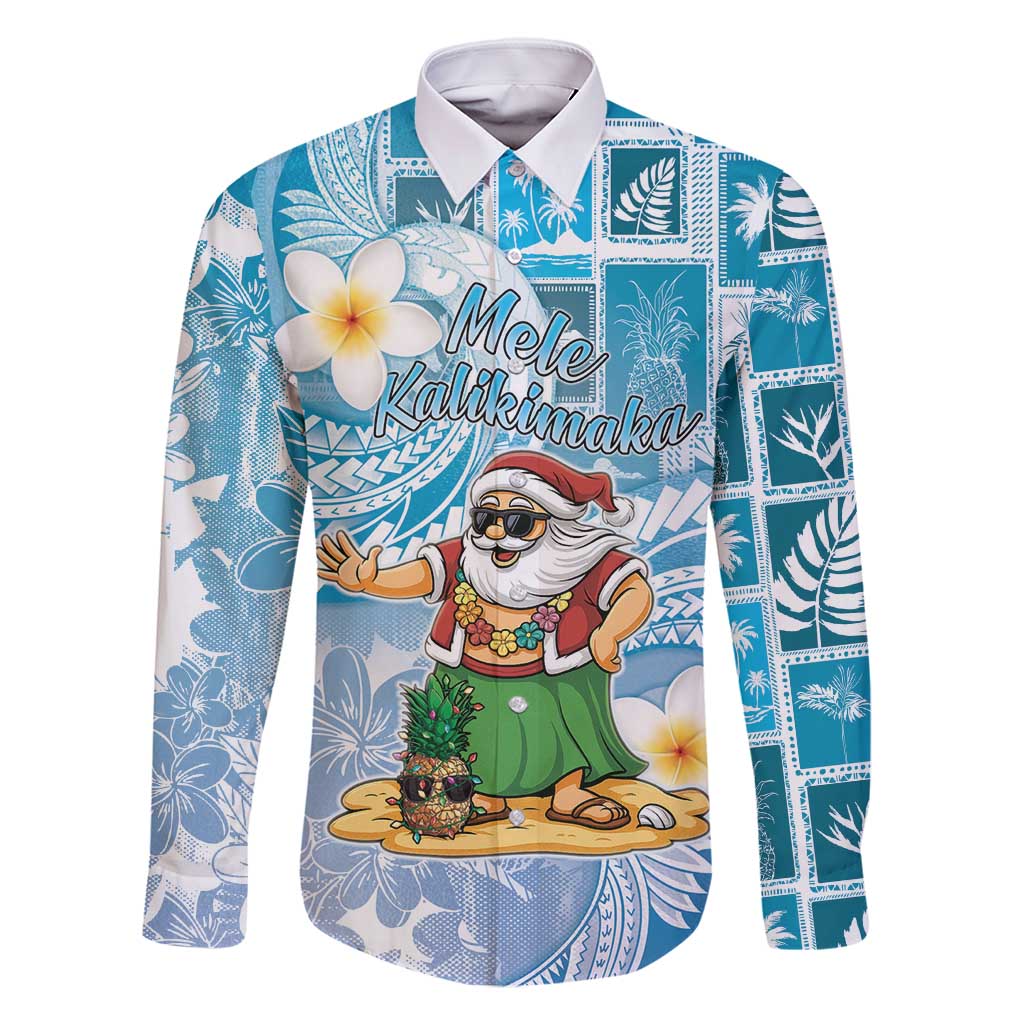 Hawaii Mele Kalikimaka Family Matching Summer Maxi Dress and Hawaiian Shirt Hula Santa Retro Style Blue LT05 Dad's Shirt - Long Sleeve Blue - Polynesian Pride