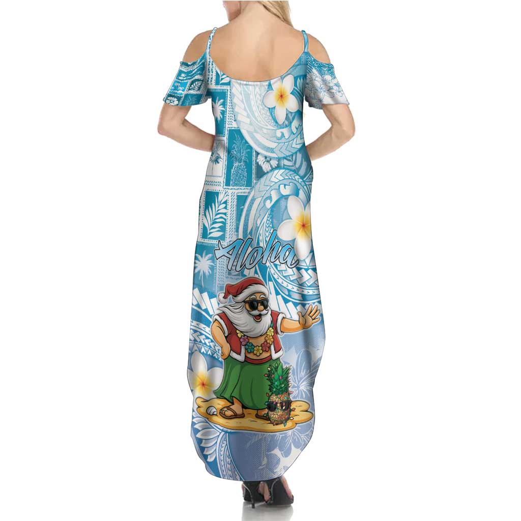 Hawaii Mele Kalikimaka Family Matching Summer Maxi Dress and Hawaiian Shirt Hula Santa Retro Style Blue LT05 - Polynesian Pride