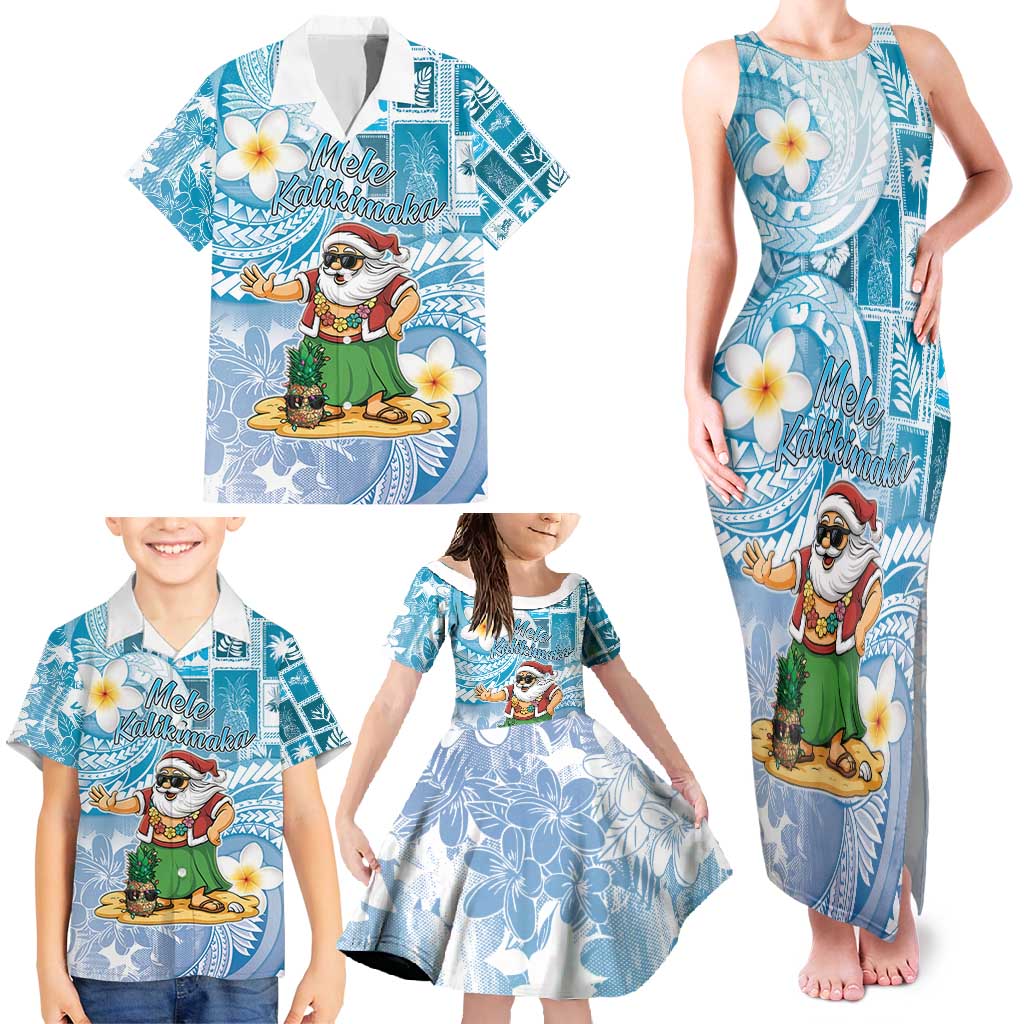 Hawaii Mele Kalikimaka Family Matching Tank Maxi Dress and Hawaiian Shirt Hula Santa Retro Style Blue LT05 - Polynesian Pride