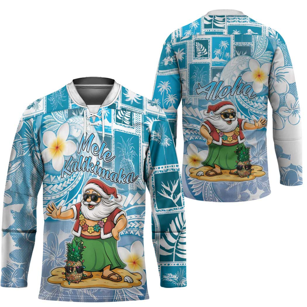 Hawaii Mele Kalikimaka Hockey Jersey Hula Santa Retro Style Blue - Polynesian Pride