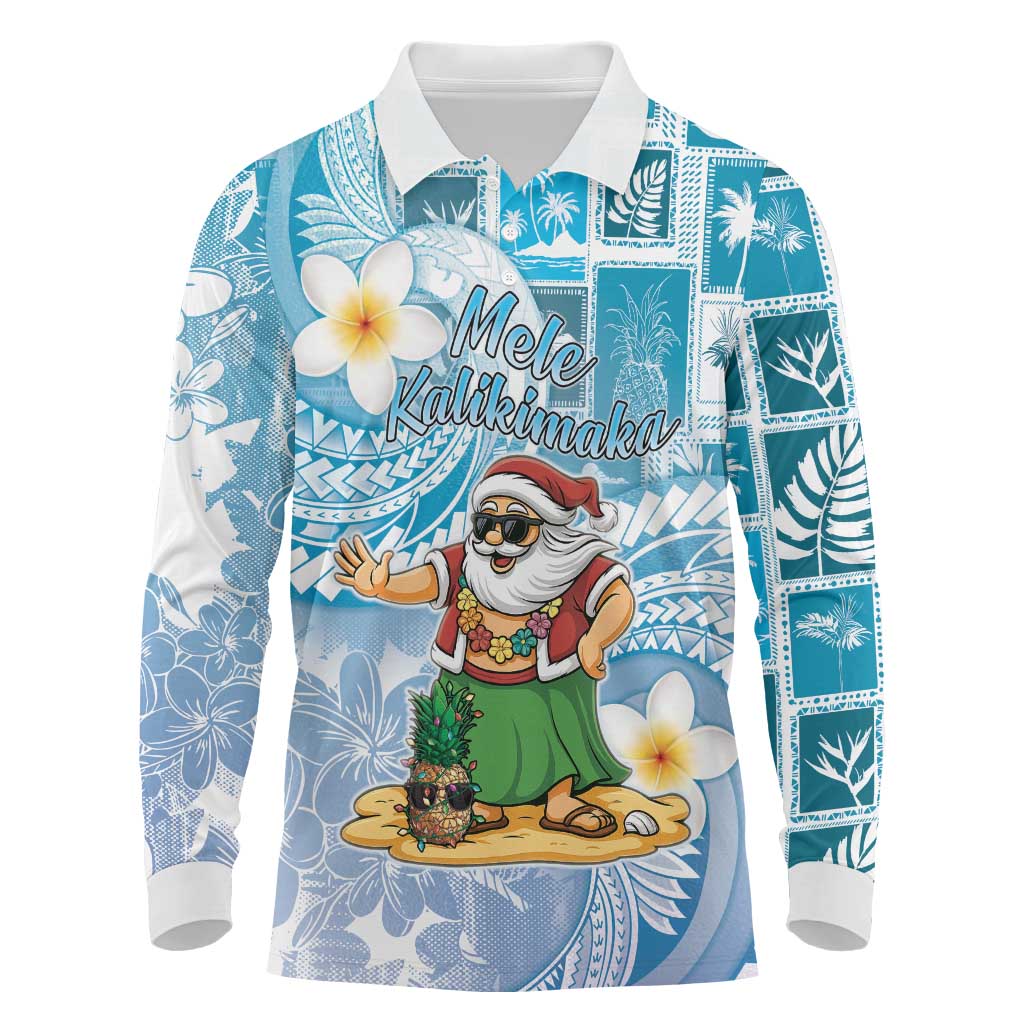 Hawaii Mele Kalikimaka Long Sleeve Polo Shirt Hula Santa Retro Style Blue LT05 Blue - Polynesian Pride
