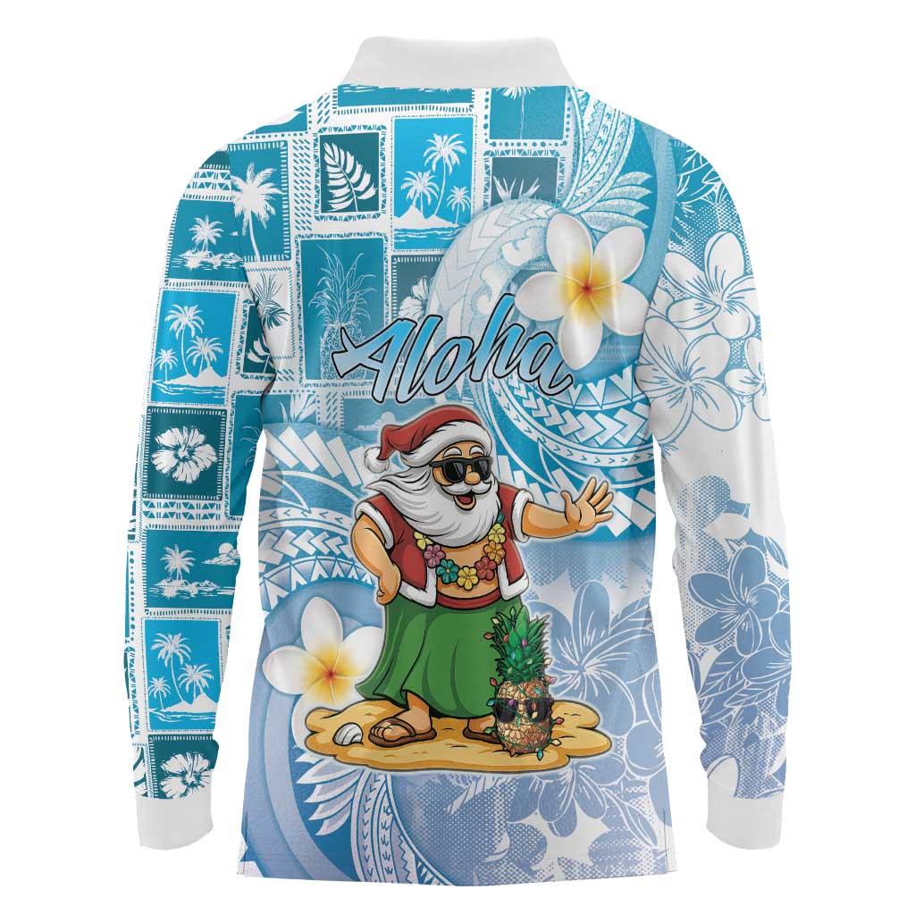 Hawaii Mele Kalikimaka Long Sleeve Polo Shirt Hula Santa Retro Style Blue LT05 - Polynesian Pride