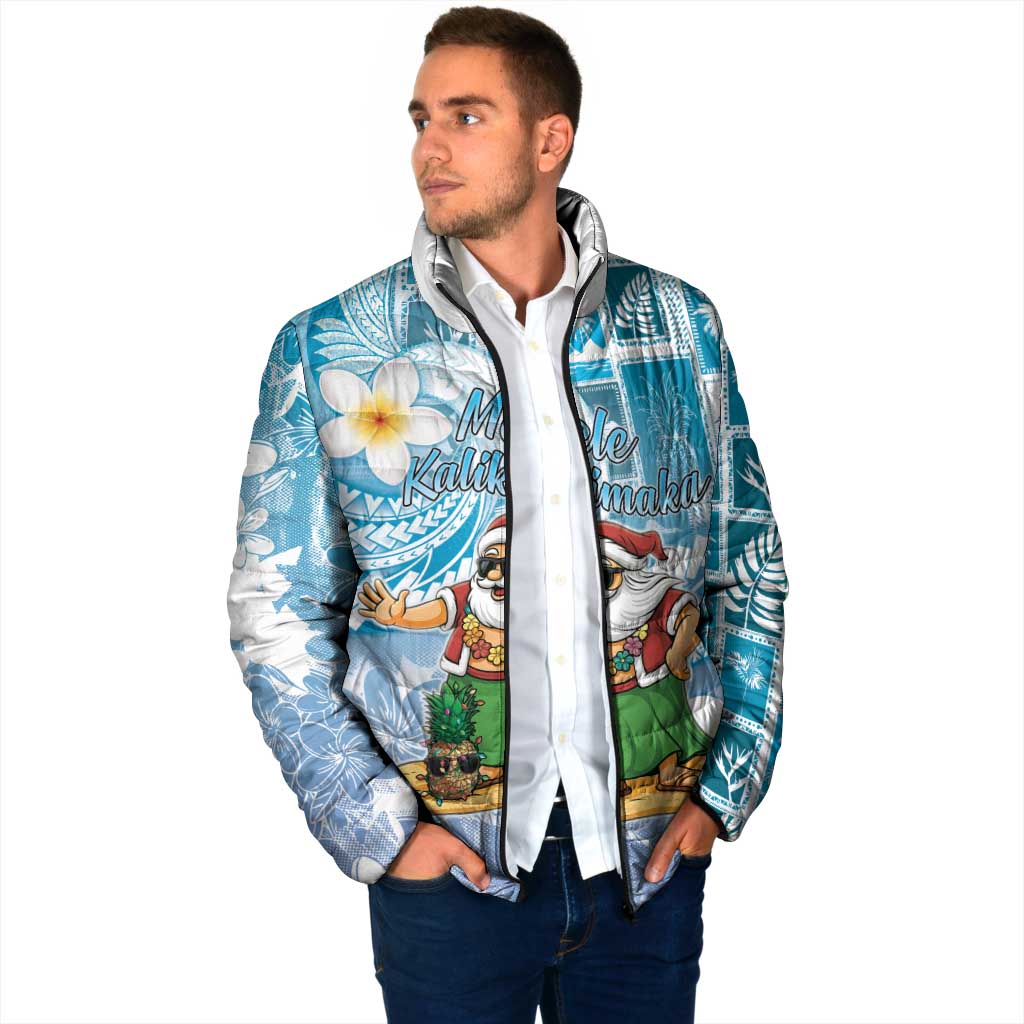 Hawaii Mele Kalikimaka Padded Jacket Hula Santa Retro Style Blue - Polynesian Pride