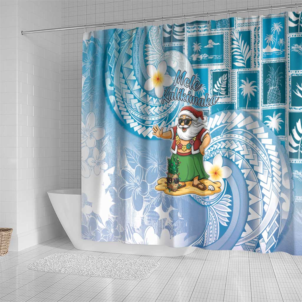 Hawaii Mele Kalikimaka Shower Curtain Hula Santa Retro Style Blue - Polynesian Pride
