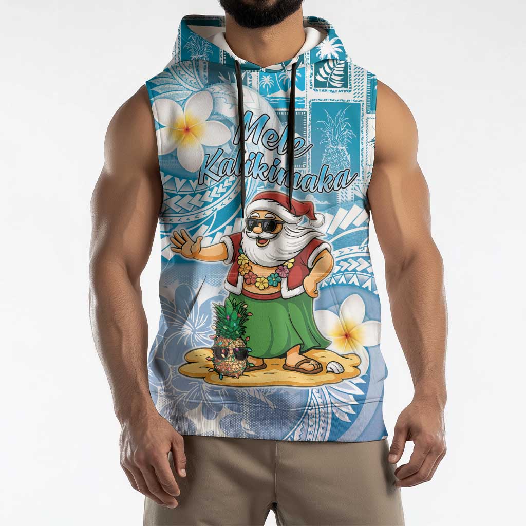 Hawaii Mele Kalikimaka Sleeveless Hoodie Hula Santa Retro Style Blue - Polynesian Pride